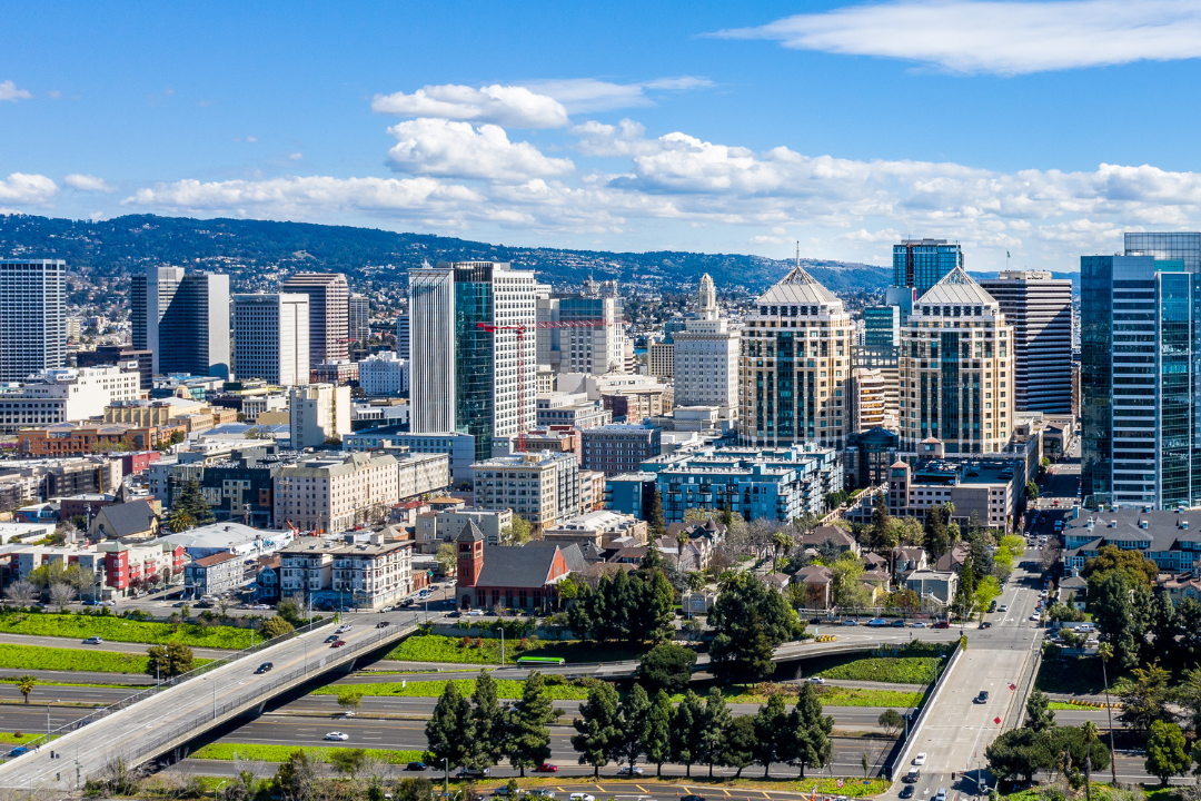 Downtown Oakland with the Oakland Hills in the background