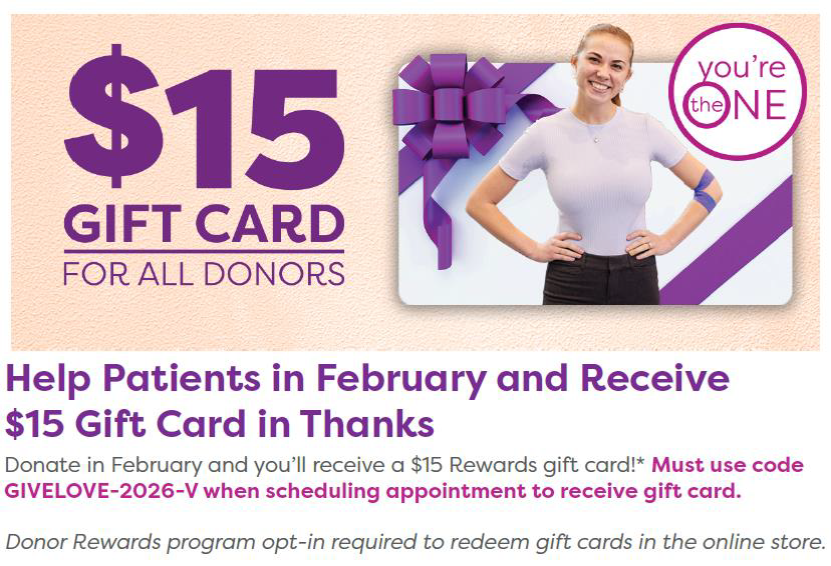 Get a $15 gift card from Vitalant when you donate in February