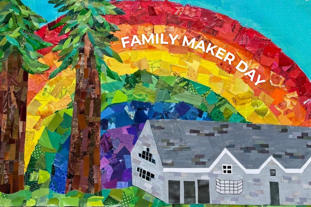 Project from the 2025 Maker Event. It's a paper art project with the Redwood Heights Recreation Center, a rainbow and redwood trees.