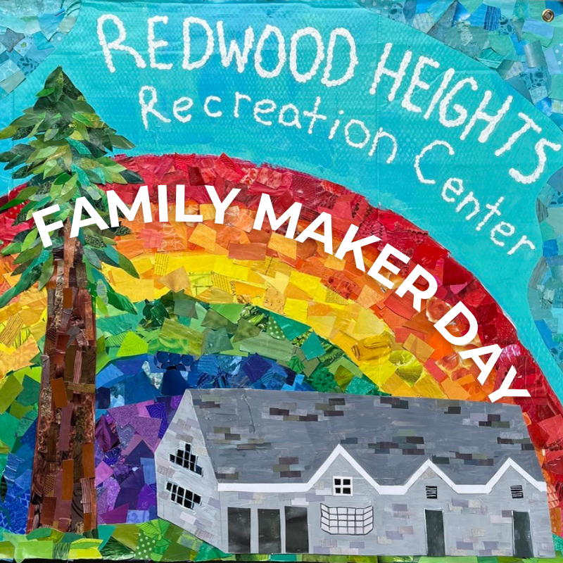 A colorful paper project from the 2025 Family Maker Event which featuring the Redwood Heights Recreation Center, a redwood tree, and rainbow.